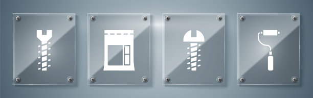 设置油漆刷，金属螺丝，水泥袋和金属螺丝。方形玻璃面板。向量图片下载