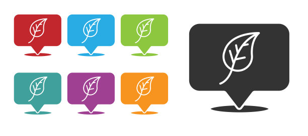 黑色位置，叶子图标孤立在白色背景上。生态能源的概念。替代能源的概念。设置图标丰富多彩。向量图片下载