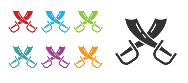 黑色交叉海盗剑图标孤立在白色背景。Sabre的迹象。设置彩色图标。向量图片下载