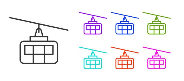 黑线缆车图标孤立在白色背景上。缆索的迹象。设置图标丰富多彩。向量图片下载