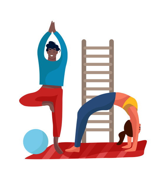 人做练习。青年男女在家或在健身房训练。运动活动和健身器材。普拉提和有氧运动姿势，瑜伽体式，矢量插图图片下载