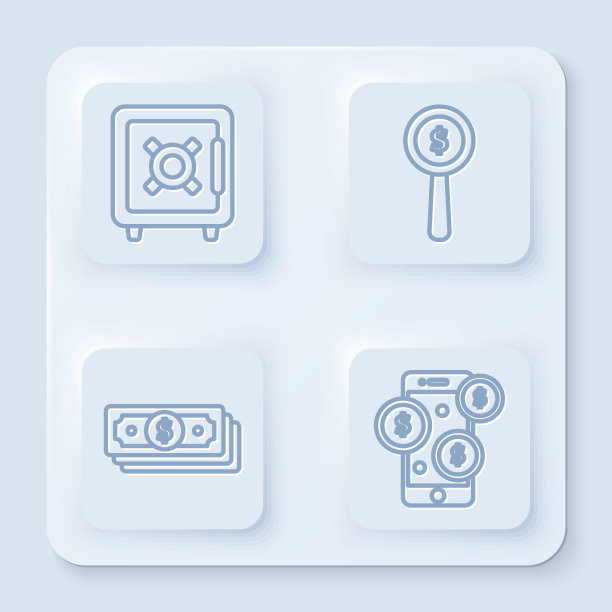 设置线安全，放大镜和美元符号，堆栈纸币现金和智能手机与美元符号。白色正方形按钮。向量图片下载