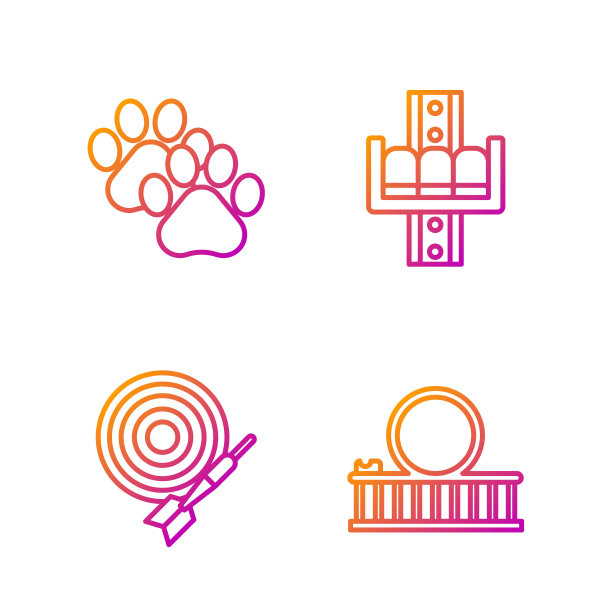 过山车、飞镖靶与箭、爪印、旋转木马图标组合，渐变色矢量图标图片下载