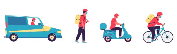 快递员。驾驶汽车、踏板车和自行车的人。工人戴防护口罩。邮差在城市中步行或开车。男性从商店或咖啡馆送餐，向量集图片下载
