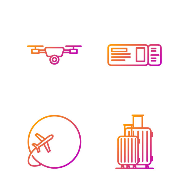 旅行旅行箱，环球飞行飞机，无人机飞行与行动摄像机和旅行票。渐变颜色图标。向量图片下载