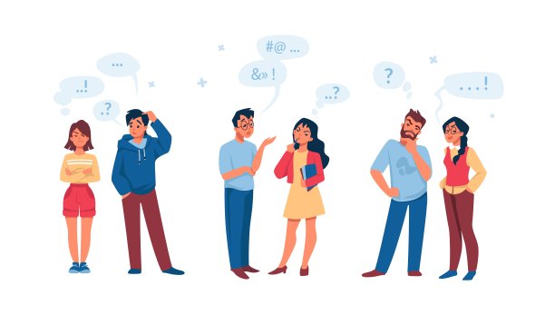 说话的人。男人和女人的沟通。男性和女性的提问，思考和疑惑的集合。孤立困惑的人与讲话气泡。向量不良会话集图片下载