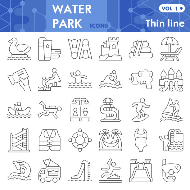 水上公园细线图标设置，水上公园符号收集或草图。水上公园线性风格标志的web和应用程序。矢量图形孤立在白色背景。图片下载
