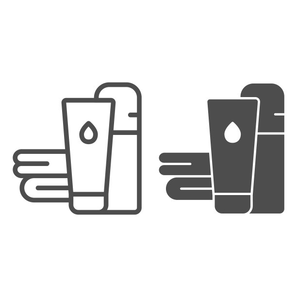 毛巾和防晒霜线和固体图标，水上乐园概念，白色背景上的沙滩配件标志，沙滩毛巾和防晒霜图标的轮廓风格，用于移动，网页设计。矢量图形。图片下载