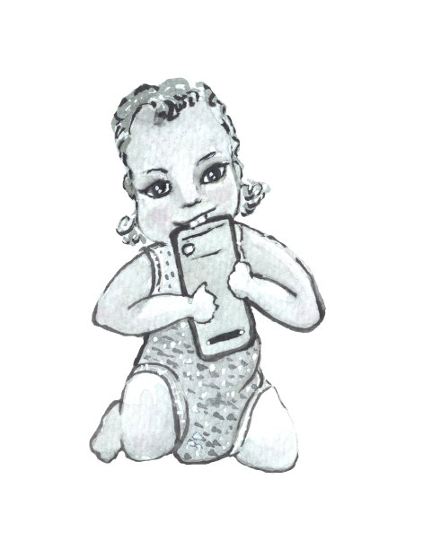 手绘水彩插图在灰色色调。宝宝啃手机图片下载