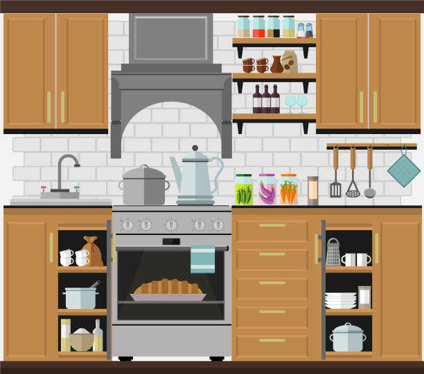 舒适的厨房，家具，食物，盘子和图片下载