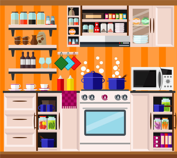 舒适的厨房，家具，食物，盘子和图片下载