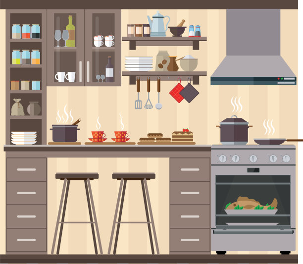 舒适的厨房，家具，食物，盘子和图片下载