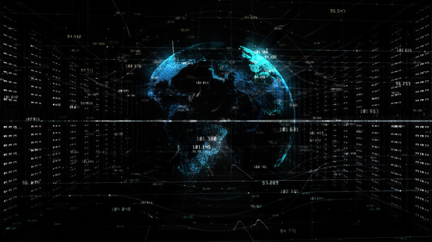 数据中心服务器室中的数字数据网络。全球5g高速互联网连接和大数据分析过程背景概念。三维渲染图片下载