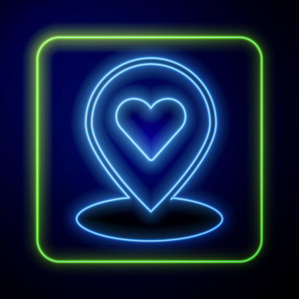 发光的霓虹灯地图指针与心脏图标孤立图片下载