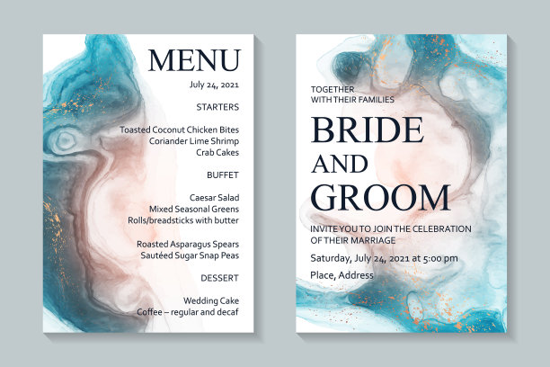 婚礼请柬用绿色和红色的波浪水彩或酒精墨水风格的流体艺术与金色的白色。图片下载