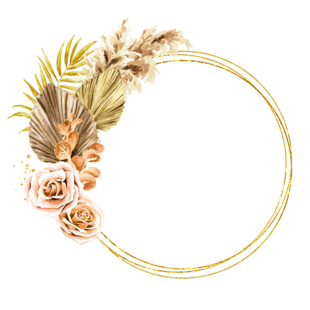 金色的圆形框架与干植物的婚礼邀请或保存日期，谢谢，小册子，邀请模板和背景。水彩手绘孤立插图图片下载