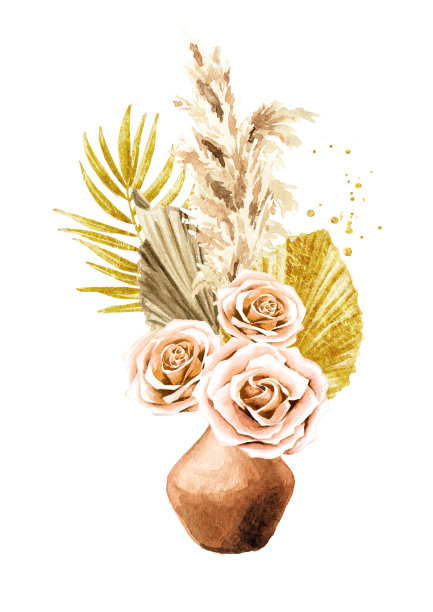 用干花、棕榈叶和潘帕斯草在陶瓷花瓶上的波西米亚构图，手绘水彩插图，孤立在白色背景上图片下载