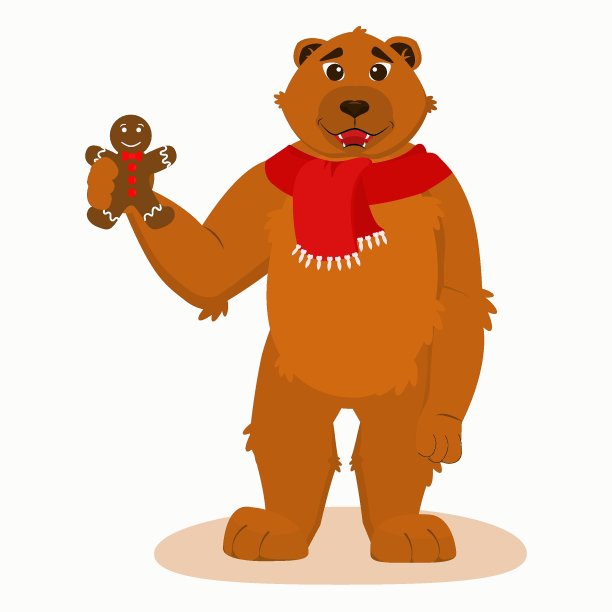 一只戴着红围巾的熊用爪子抓着一个姜饼人的拟人化插图图片下载