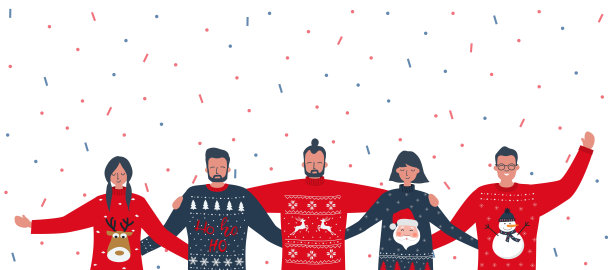 丑陋的圣诞毛衣派对。穿着红色和蓝色圣诞毛衣的年轻人图片下载