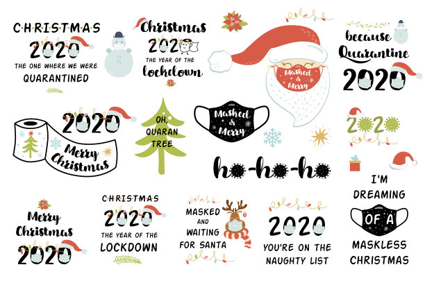 隔离区圣诞2020套装。封锁covid - vid圣诞2020 clipart新年检疫派对元素冠状病毒图片下载