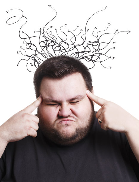 超重的年轻人做决定有困难，被混乱的想法淹没，拼贴画图片下载