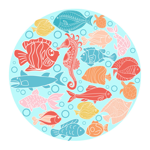 涂鸦一套海洋生物可爱的鱼在圆圈。图片下载