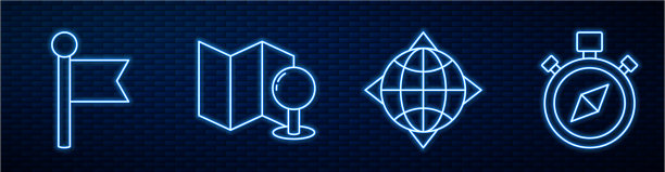 设置带有罗盘位置标记的线世界地球仪图片下载