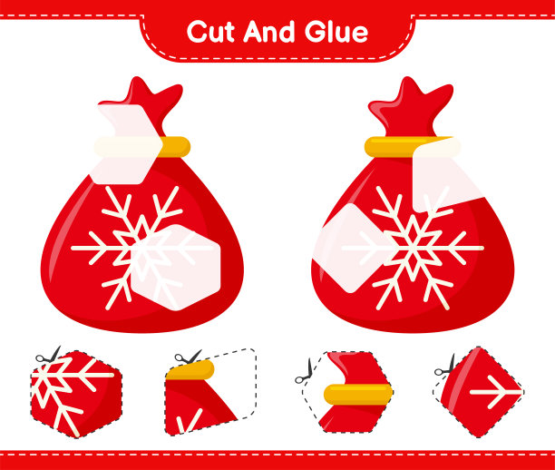 把圣诞老人包剪下来粘在一起。教育儿童游戏，可打印的工作表，矢量插图图片下载