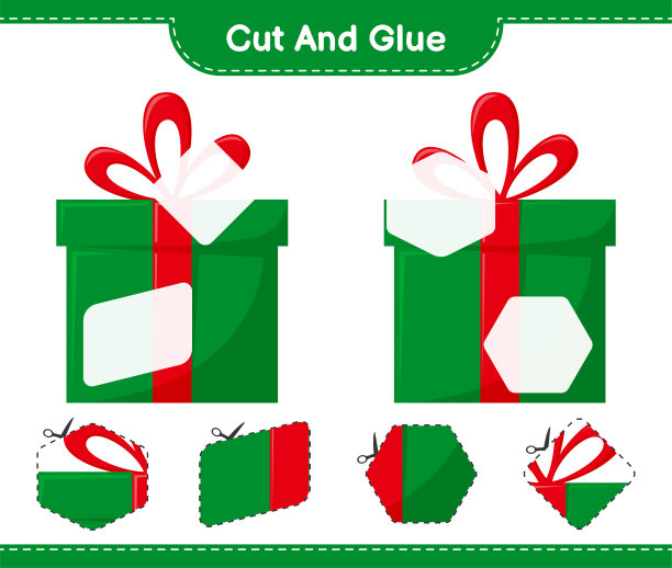 剪胶，将礼品盒的部分剪下来并粘上。教育儿童游戏，可打印的工作表，矢量插图图片下载