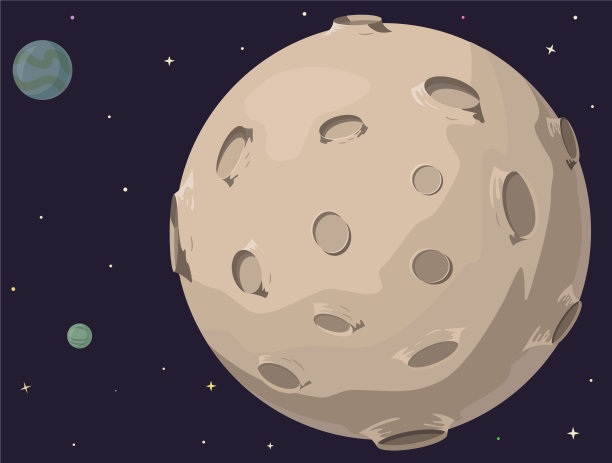 外太空，行星和恒星。一个有像月球一样的陨石坑的行星的特写。卡通插图。图片下载