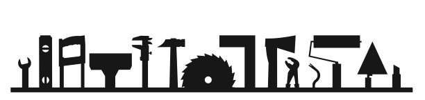 施工工具。标志、标签。底部框架。油漆工，木匠，建筑工，杂工。维修和建造服务。销售工具。单色的剪影。图片下载