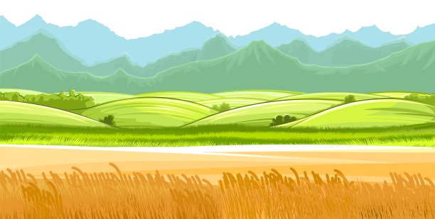 麦田。农村的风景。草甸山和牧场。谷物穗:大麦，黑麦。夏日田园风光。地平线上有山。插图。向量图片下载