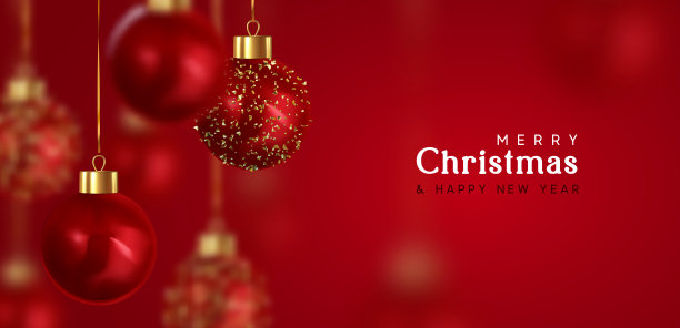 圣诞球。新年快乐，圣诞快乐。背景与现实的3d红色圣诞装饰球挂在丝带上。矢量图图片下载