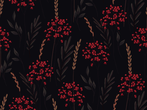 深色植物和红色花朵的无缝图案。图片下载