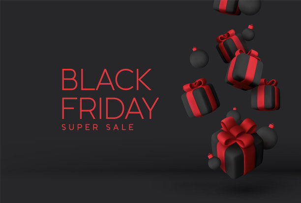 黑色星期五超级大减价。逼真的黑色礼品盒。落球礼盒里装满了节日装饰球。红色文本字体。新年和圣诞节设计。圣诞节的背景。矢量图图片下载