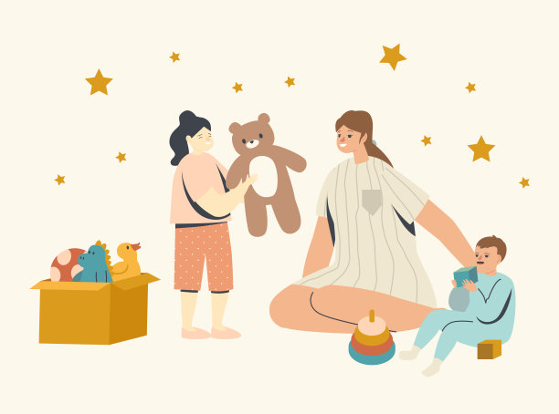 妈妈和宝贝儿子和女儿的业余时间。护士或母亲角色与小孩玩耍。孩子们玩玩具图片下载