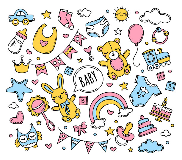 新生婴儿的涂鸦风格图标。图片下载