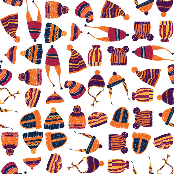 各种冷季拉丝针织帽的无缝图案图片下载