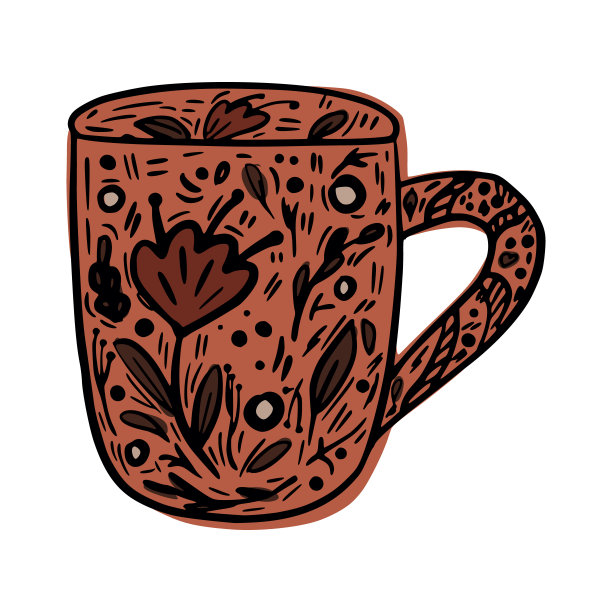 杯子孤立的白色背景。手绘图形元素与花卉图案。图片下载