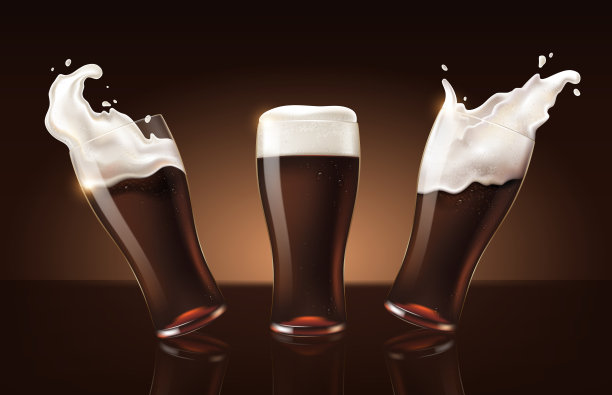 设置深色波特啤酒在玻璃杯，清新的饮料与白色泡沫在3d插图，泼洒啤酒集图片下载