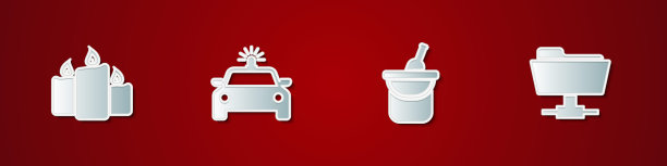 设置燃烧的蜡烛，警车闪光器，酒瓶酒瓶桶和FTP文件夹图标。向量图片下载