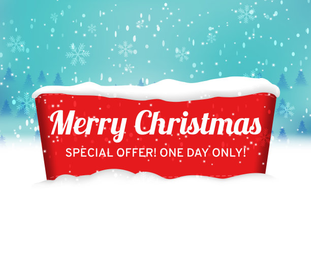 冬天红彤彤的，彩带横幅上的背景是雪。雪地里的销售标签。商店圣诞快乐的标签。现实的织物横幅。股票矢量插图。图片下载