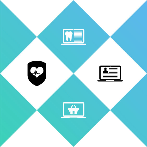 设置盾牌和心率，购物篮上的笔记本电脑，笔记本电脑与牙科卡和简历图标。向量图片下载