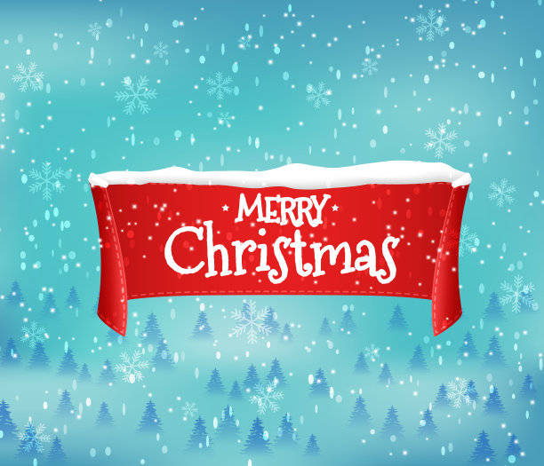 冬天红彤彤的，彩带横幅上的背景是雪。雪地里的销售标签。商店圣诞快乐的标签。现实的织物横幅。股票矢量插图。图片下载