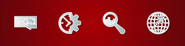 设置现金回来，时钟和齿轮，放大镜分析和全球与飞行飞机图标。向量图片下载