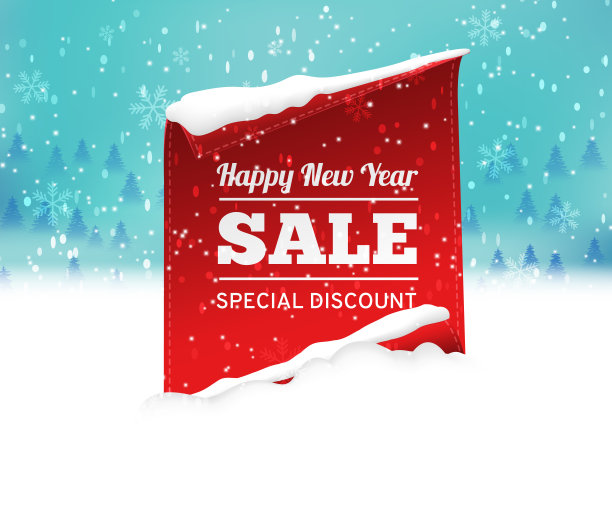 冬天红彤彤的，彩带横幅上的背景是雪。雪地里的销售标签。商店新年快乐的标签。现实的织物横幅。股票矢量插图。图片下载