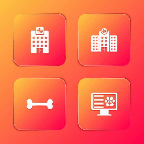 设兽医医院、狗骨记录和宠物临床监护图标。向量图片下载