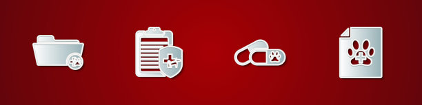 设置兽医医疗记录文件夹，临床宠物，狗和药丸和证书的狗猫图标。向量图片下载