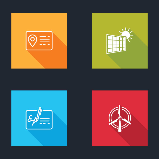设置地址簿，太阳能电池板和太阳，签署文件和旋转风力涡轮机图标。向量图片下载