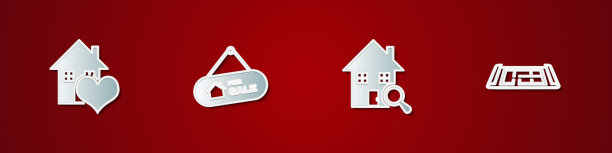 Set House with heart shape, Hanging sign For Sale, Search House and plan icon。向量图片下载